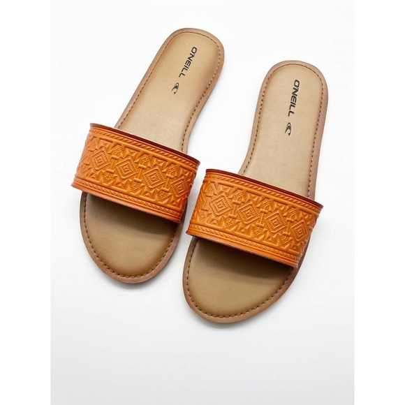 O’Neill Crisp Orange Aztec Embossed Slip On Womens Sandals Size 9 Slides - Picture 1 of 10